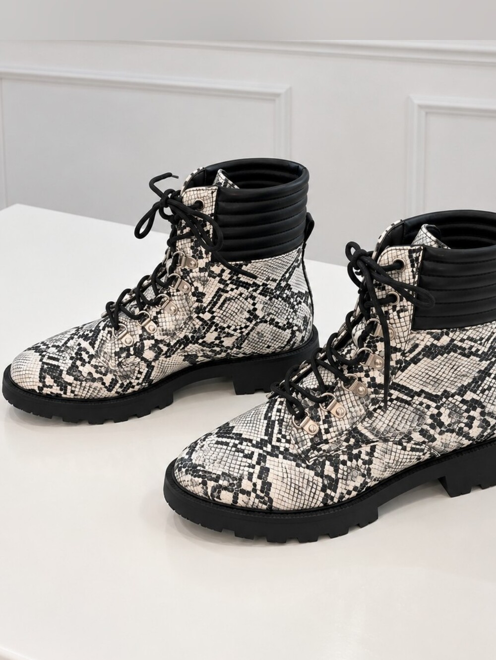 JustFab Claudine lace-up hiker boot in natural snake print.